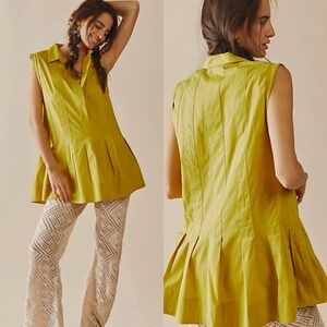 Free‎ People Sz M Sleeveless Pleated Naomi Mini Dress Chartreuse Green Collared